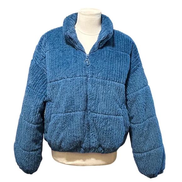 wild fable Jackets & Blazers - Wild Fable Blue Teddy Sherpa Puffer Jacket Women's Faux Fur Zip Coat